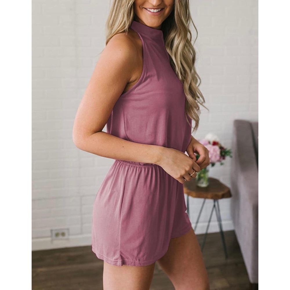 MEROKEETY Summer Halter Neck Shorts Elastic Waist Solid Color Jumpsuit Romper S - Picture 5 of 15